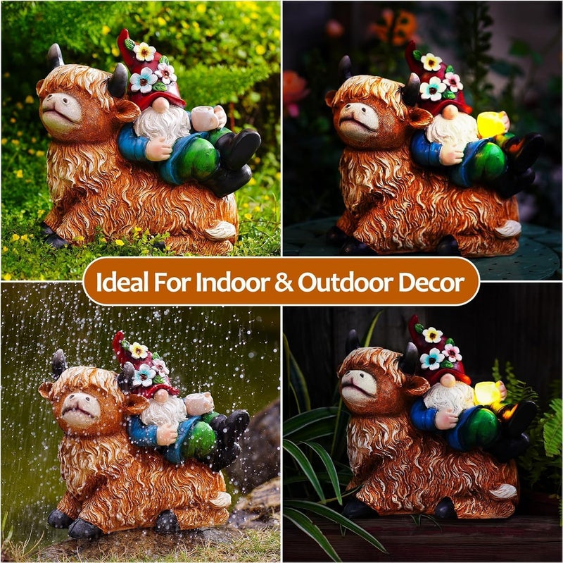 Pohabery Garden Gnomes Decor Outdoor Statues Gnome on Highland Cow Hold Solar Cup Light Outdoor Decorations for Patio,Yard and Gift for Mom - Image 5